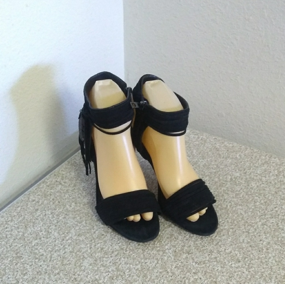 Coach Suede Feather Tassel Ankle Strap Heel